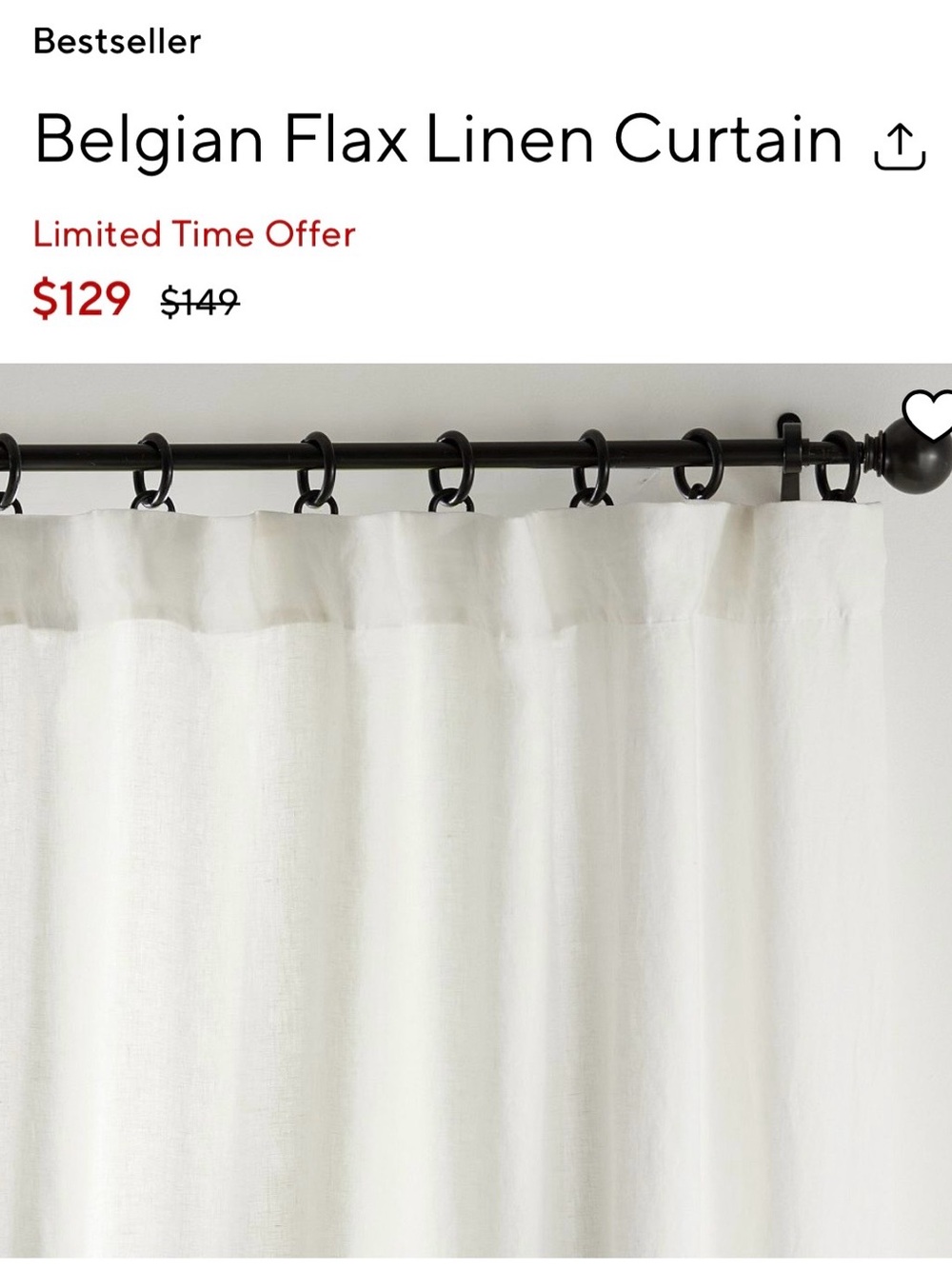 Pottery Barn White Belgian Flax Linen Curtain - White - 50x96 ~Beautiful~